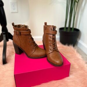 Brown block heeled booties in size 8.5